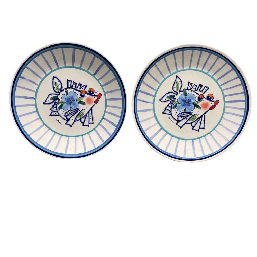 2 Diane Pottery Dream w/Me Blue Fish 10" Plates Beachy Coastal Decor Stoneware